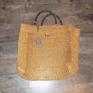 DKNY Straw Tote Bag Womens Large Tan Good Woven Raffia Mesh Beach Boho Handbag